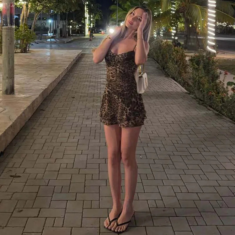 LIZAKOSHT  -  Women Sexy Leopard Print Chiffon Vacation Dress Streetwear Summer Girls Spaghetti Strap Backless Party Club Dresses