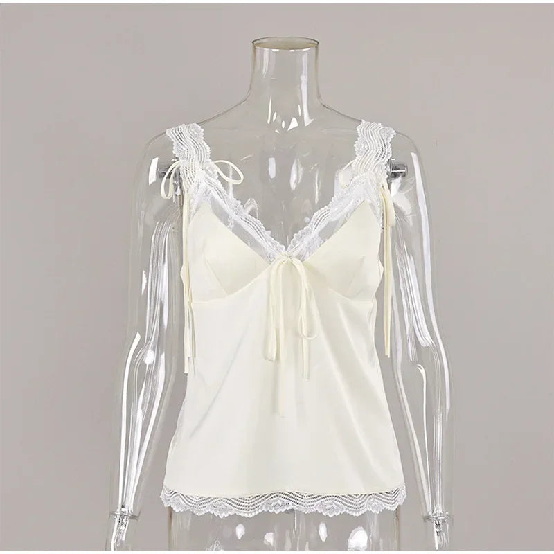 LIZAKOSHT  -  Women Tank Top Lace Trim Daily Layering V Neck Sleeveless Satin Cami Tops Bow Tie Spaghetti Strap Camisole V2k Vintage Clothes