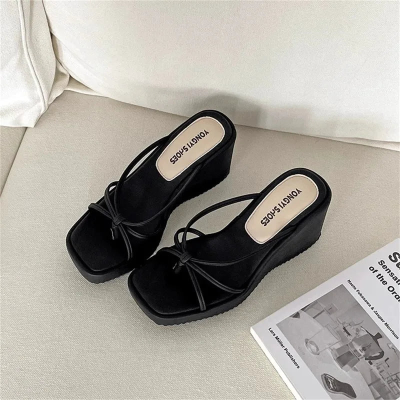 LIZAKOSHT  -  Designer Summer Women Wedges Heel Clip Toe Slippers Concise Narrow Band Slide Ladies Outdoor Party Dress Sandalias