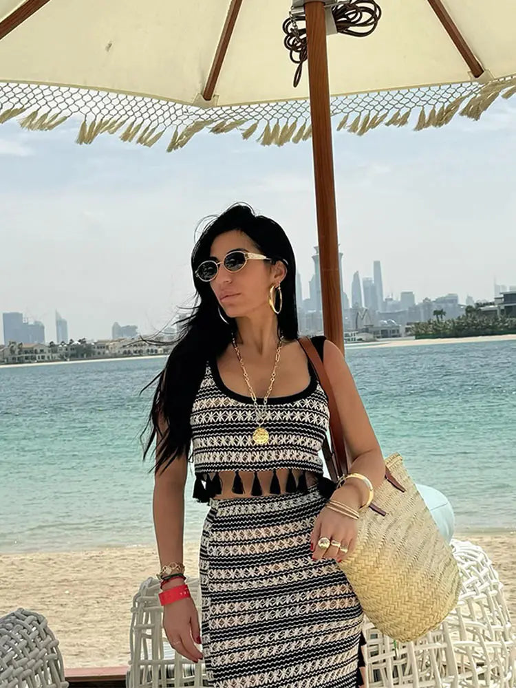 LIZAKOSHT  -  Women Sexy Knit Stripe Skirt Set Fashion U-neck Sleeveless Tassel Patchwork Short Vest Suit Lady Split Long Skirts Beach Outfits