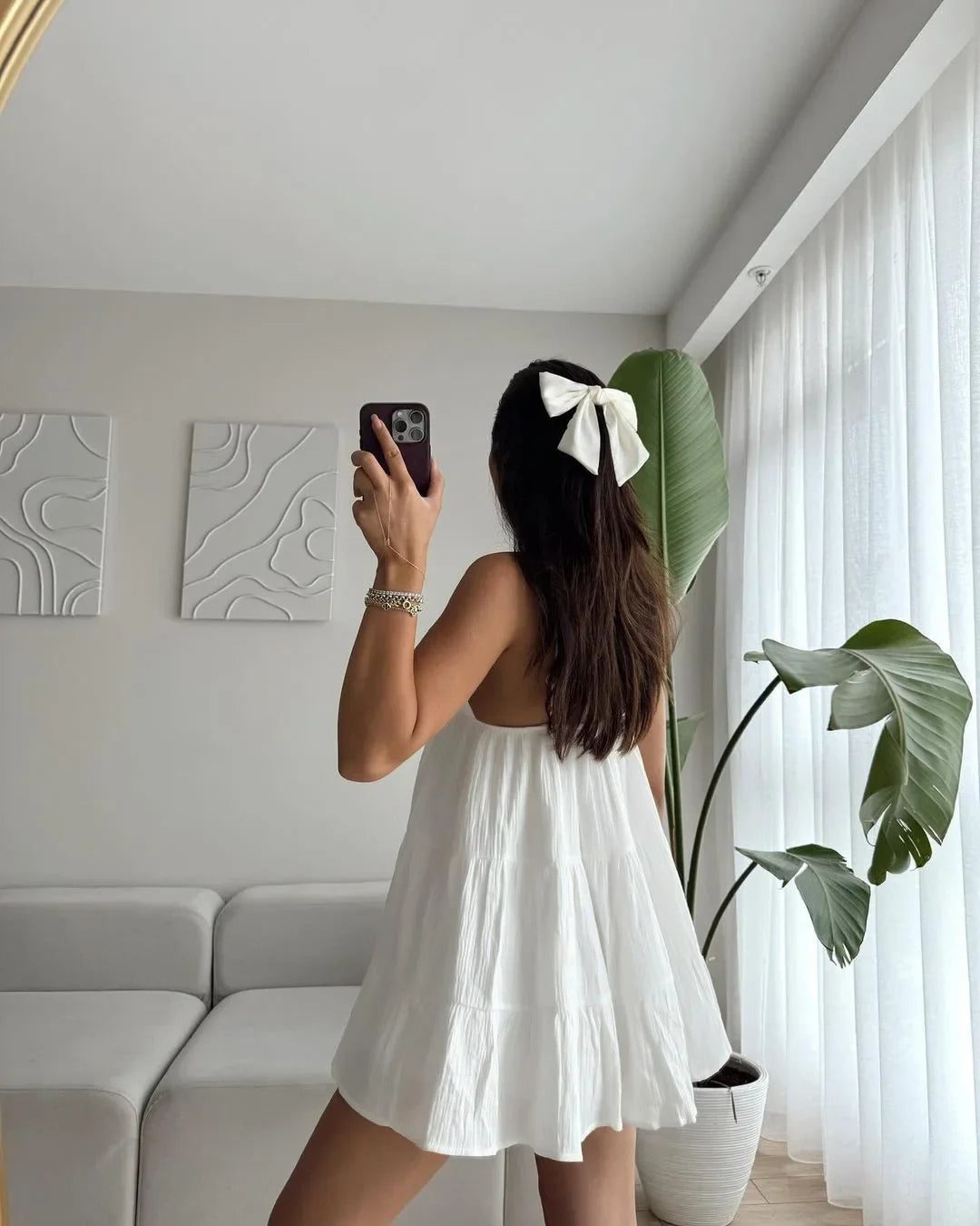LIZAKOSHT  -  Women Sexy Sleeveless V-neck Mini Dress Chic Backless Off Shoulder High Waist Pleated Loose Dresses Lady Holiday Vestidos