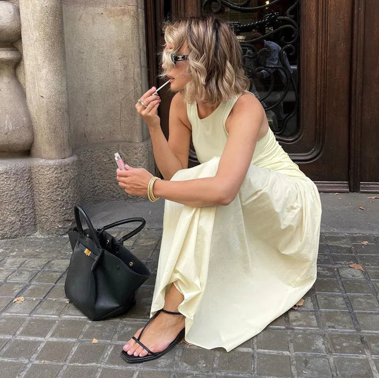 LIZAKOSHT  -  Summer New Women's French Sleeveless Round Neck Tank Top Dress Advanced Sense Slimming and Wrinkle Splicing Casual Long Dresses