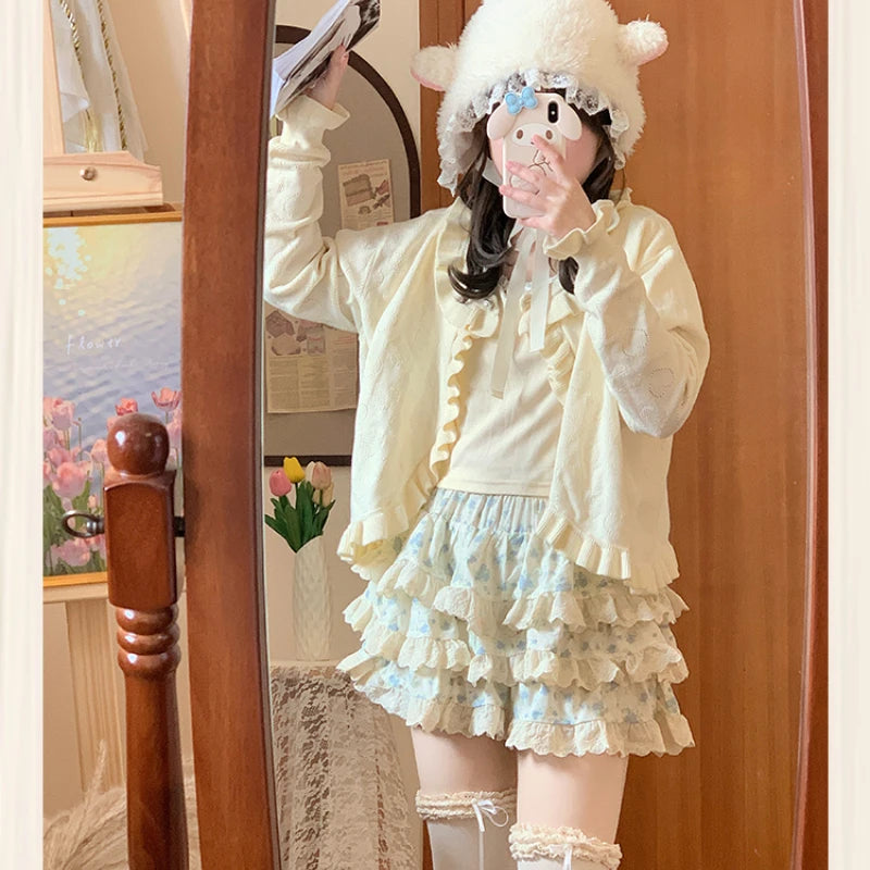 LIZAKOSHT  -  Japanese Harajuku Girls Kawaii Lace Pleated Pantskirt Women High Waist Fairy Floral Shorts Y2k Aesthetic Cute Cake Mini Skirts