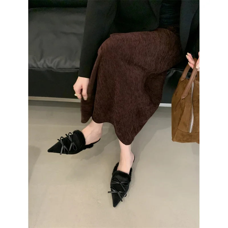 LIZAKOSHT  -  Flock Fur Shoes Low Slippers Flat Slides Pointed Toe Plush Rome Fabric PU Rubber Hoof Heels Shoes Woman Slippers Flat Low F