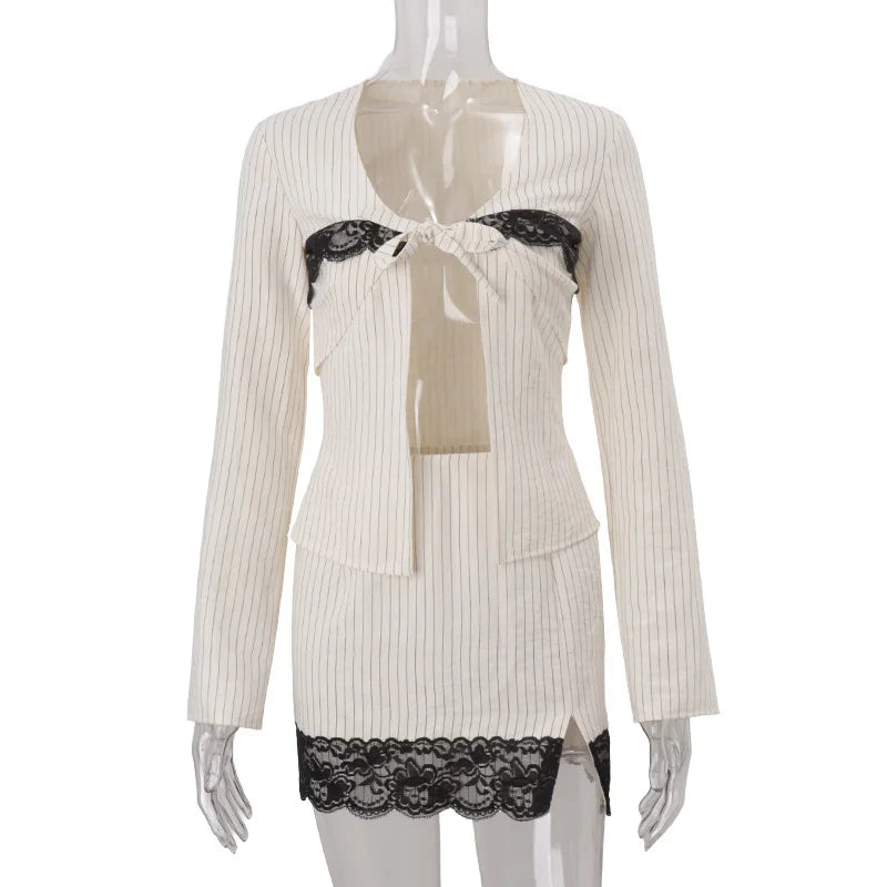 LIZAKOSHT  -  Lace Patchwork Contrast Sexy 2-Piece Club Outfits Female Stripe Print Full Sleeve Lacing Crop Cardigan+Mini Wrap Slit Skirt