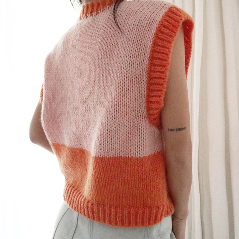LIZAKOSHT -  Fall Hand-knitted Stitching Color Loose Matching Sweater Vest Pink Orange Ladies New Round Neck Versatile Sleeveless Vest