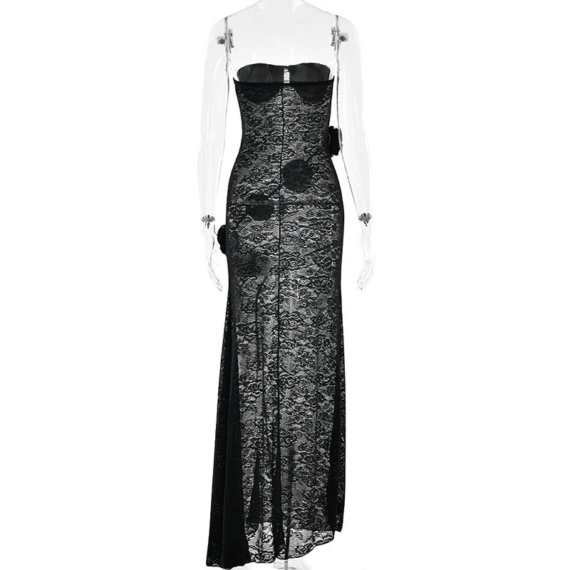 LIZAKOSHT  -  Summer Lace Strapless 3D Flowers Appliques Long Sleeveless Prom Club Dress See Through Sexy Solid Sheath Dress Vestidos