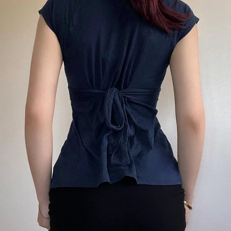 LIZAKOSHT  -  Bow Tie V Neck Short Sleeve T Shirts Women Clothing Summer Girls Tops