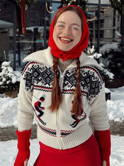 LIZAKOSHT  -  Winter Women's Knit Ski Striped Printed Sweater Slim Contrast Hlaf-zip Long Sleeve Skiwear Pullover Spring Lady Knitwear