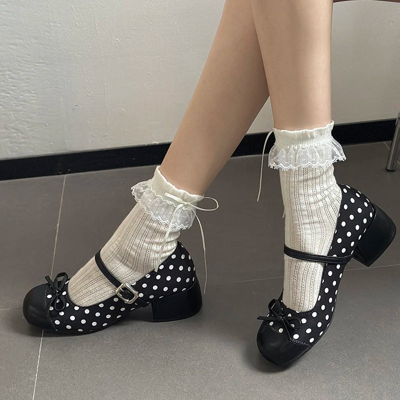 LIZAKOSHT  -  Cute Polka Dot Thick Heel Women Mary Jane Shoes Designer Buckle Strap Pumps Ladies Eelgant Butterfly-knot Dress Single Shoes