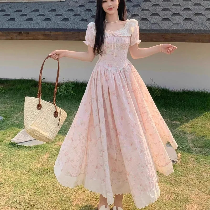 LIZAKOSHT  -  Sweet Print Floral Women Dresses Puff Sleeve Beach Style Elegant Long Dress Korean Fashion Vintage Vestidos Mujer
