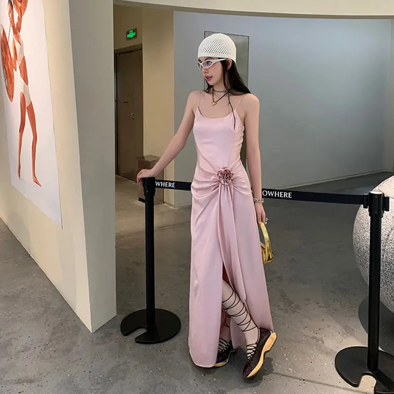 LIZAKOSHT  -  Suspender Dress Slit Satin Rose Flower Ribbon Pleated Design Pink High Quality Summer New Niche Suspender Long Dress
