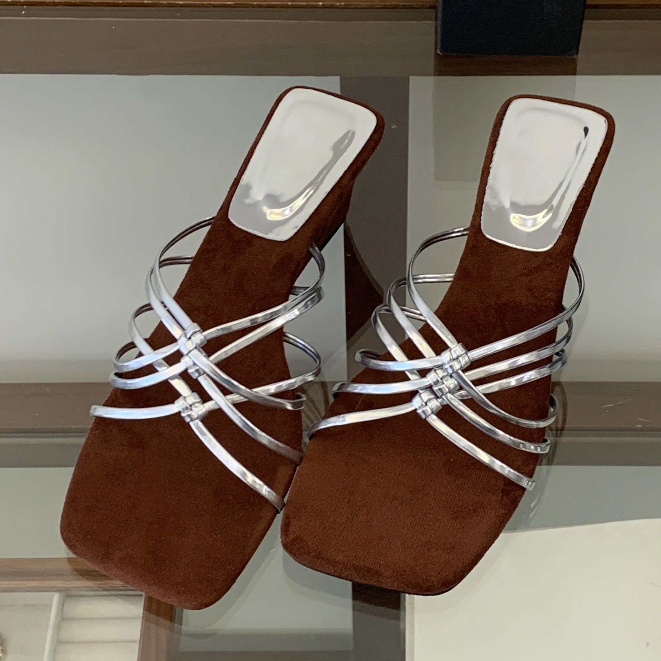 LIZAKOSHT  -  Summer Square Toe Narrow Band Women Slippers Designer Wedges High Heels Party Slides Shoes Zapatos De Mujer
