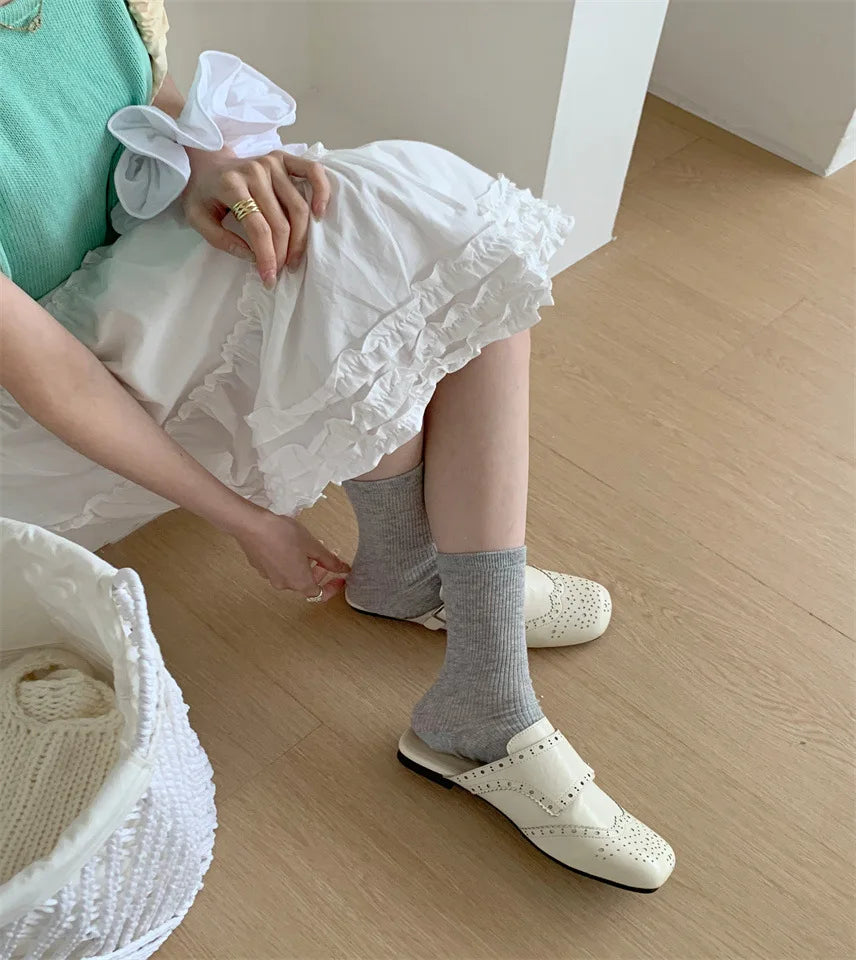 LIZAKOSHT  -  retro hollow out leather slippers women square toe double buckle sandals flat heel cutout mules shoes for woman sandalias mujer