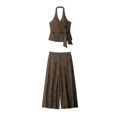 LIZAKOSHT  -  Spring Summer Sequins Women Two Piece Set Deep V Tie Top Sexy Backless Top High Waist Wide Leg Pants Floral Pants Set