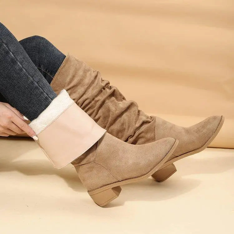 LIZAKOSHT  -  British Style Chunky Heel Pointy Toe Western Biker Boots Riding Boots New Suede Midi Boots Plus Size Ladies Boots