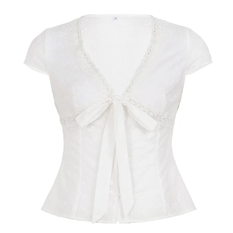 LIZAKOSHT  - High Street Euramerican Summer Deep  V Neck Short Sleeve Straps Shirts Y2k Aesthetic Crochet Hollow Out Clothes Sweet Casual Top