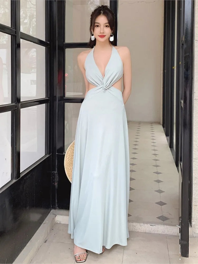 LIZAKOSHT -  Summer Sexy Hollow Out Women Long Dress Vintage V-neck Female Halter Clothing New Beach Style Backless Vestidos Robe
