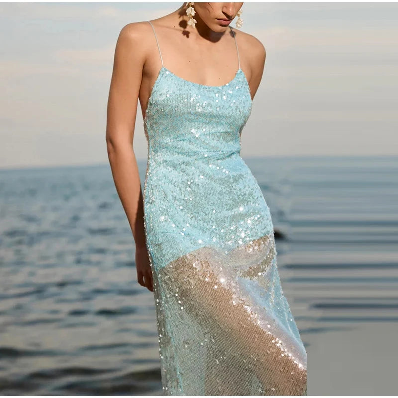LIZAKOSHT  -  Fashion Solid Sequined Slip Maxi Dress For Women Sexy Sleeveless Backless Floor-length Dress Lady Shinning Evening Vestidos