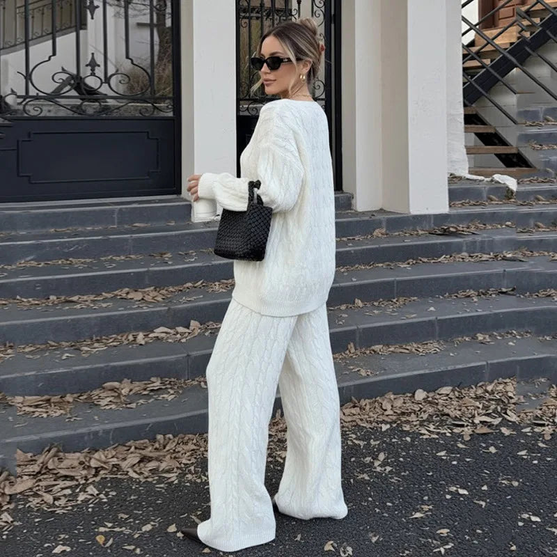 LIZAKOSHT  -  Casual Ribbed 2 Piece-Set Trousers Sets Women Solid Loose V-Neck Top And High Waist Wide-Leg Pants Sets New Female Outfits