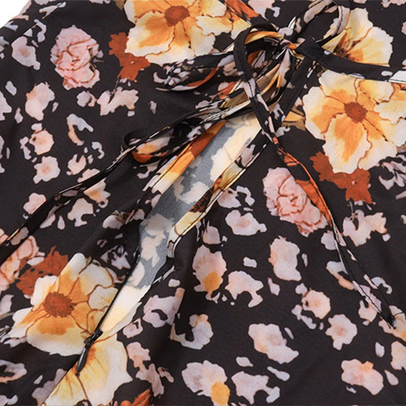 LIZAKOSHT  -  Vintage Romantic Floral Suspender Dresses Holiday Charming Sleeveless Backless Lace-up Hollow Bodycon Pleated Maxi Sundress