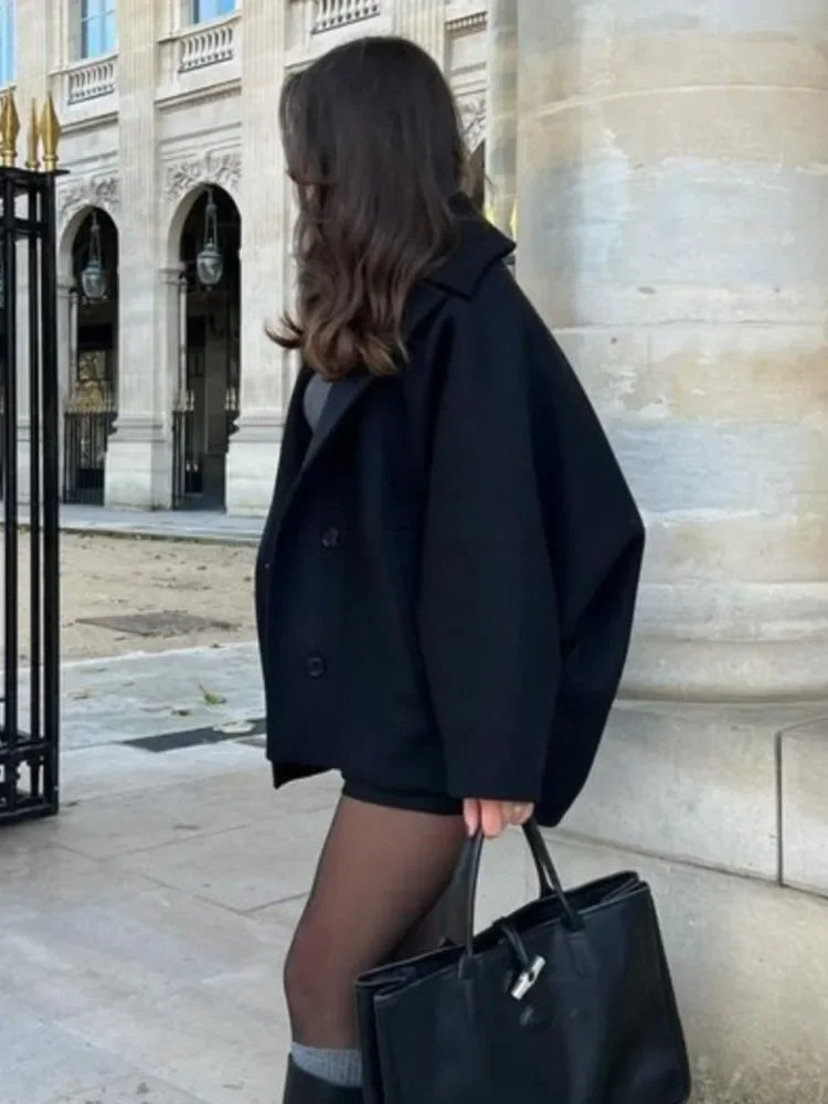 LIZAKOSHT  -  Bat-Sleeve Woolen Coat Black Lapel Single Breasted Casual Loose Thicken Wool Short Overcoat French Winter Women's Outwear Top
