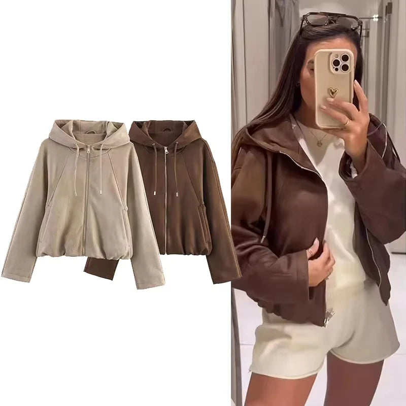 LIZAKOSHT  -  Retro Hooded Jacket Women Casual Loose Loose Zipper Coat Autumn Winter New Fashion Vintage Hoodies Simple Sweatshirt Female