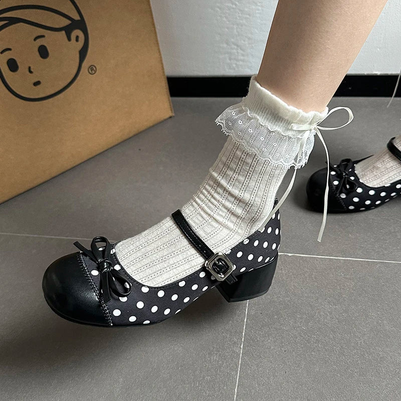 LIZAKOSHT  -  Cute Polka Dot Thick Heel Women Mary Jane Shoes Designer Buckle Strap Pumps Ladies Eelgant Butterfly-knot Dress Single Shoes