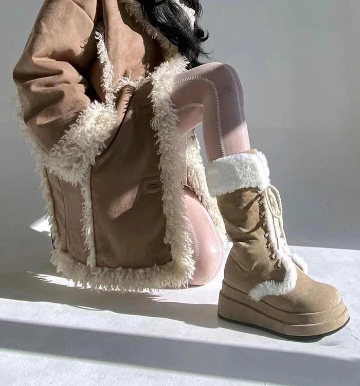 LIZAKOSHT  -  Winter y2k lace-UP Platform Boots Women Shoes Keep Warm Khaki Wedges Heels Mid-calf Snow Boots