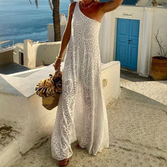 LIZAKOSHT  -  Elegant Temperament Boho Holiday Dress Ladies Sexy Slanted Collar Lace Long Dress Casual Summer Hollow Sleeveless Evening Dress