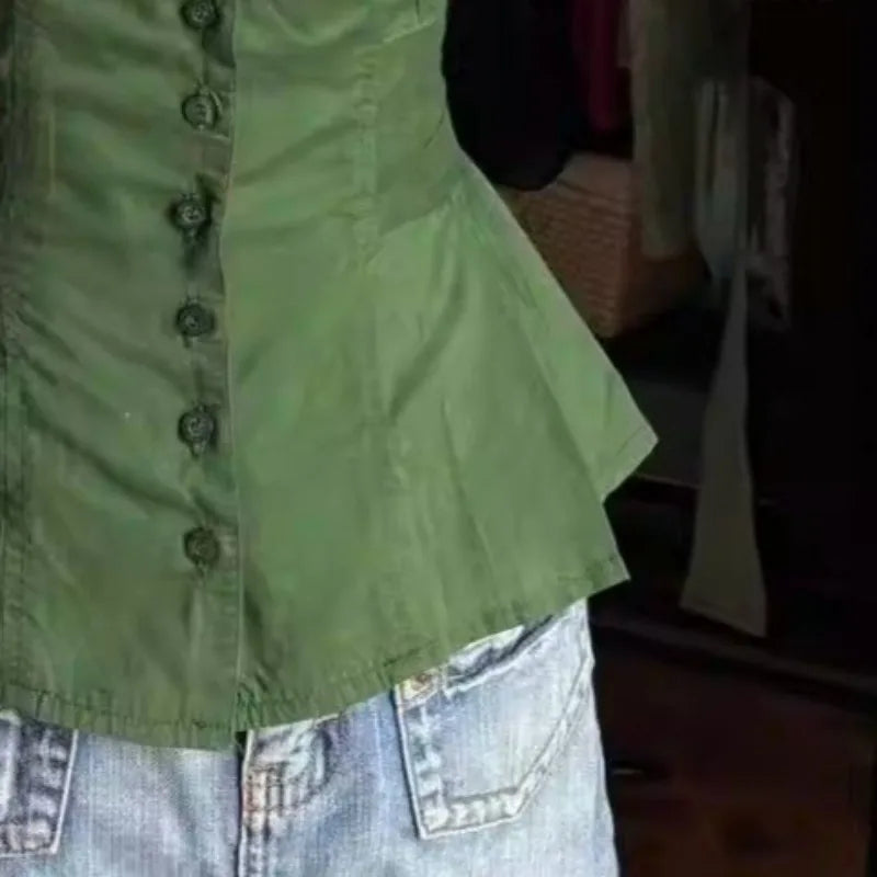 LIZAKOSHT  -  Y2k Short Blouses V Neck Solid Green Spring Summer Vintage Women Shirts Japanese Style Versatile Blusas Mujer