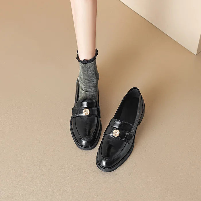 LIZAKOSHT  -  Women's British Shoe Autumn New Thick Heel Women Leather Shoe Versatile Anti Slip Women Casual Shoes Gold Buckle Women's Loafers
