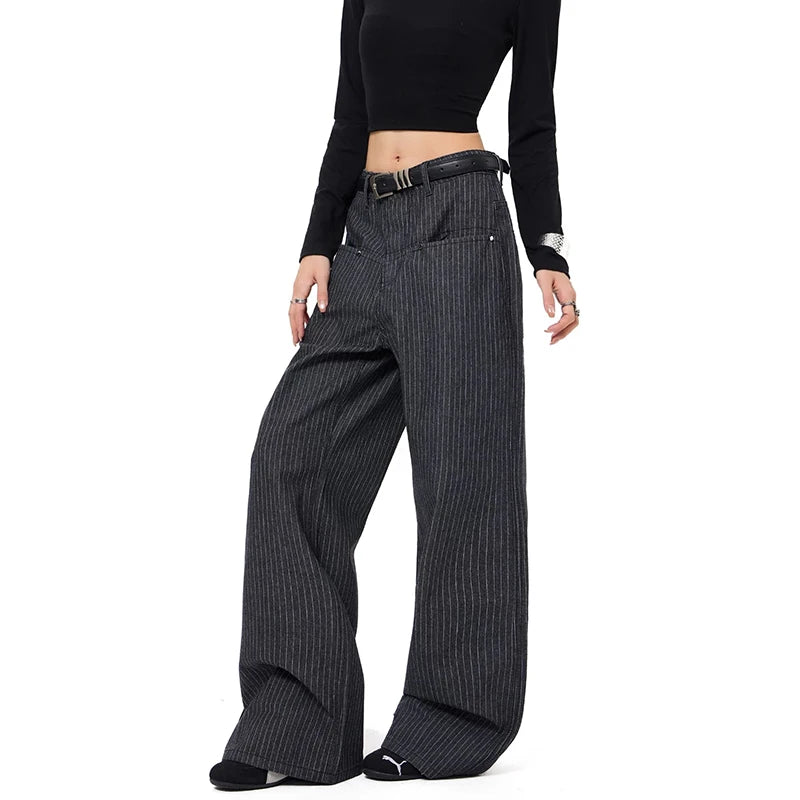 LIZAKOSHT  -  Women Vintage Baggy Stripe Jeans High Waist Grunge Denim Trousers 2000s Y2k Harajuku Aesthetic Pants Trashy Clothes