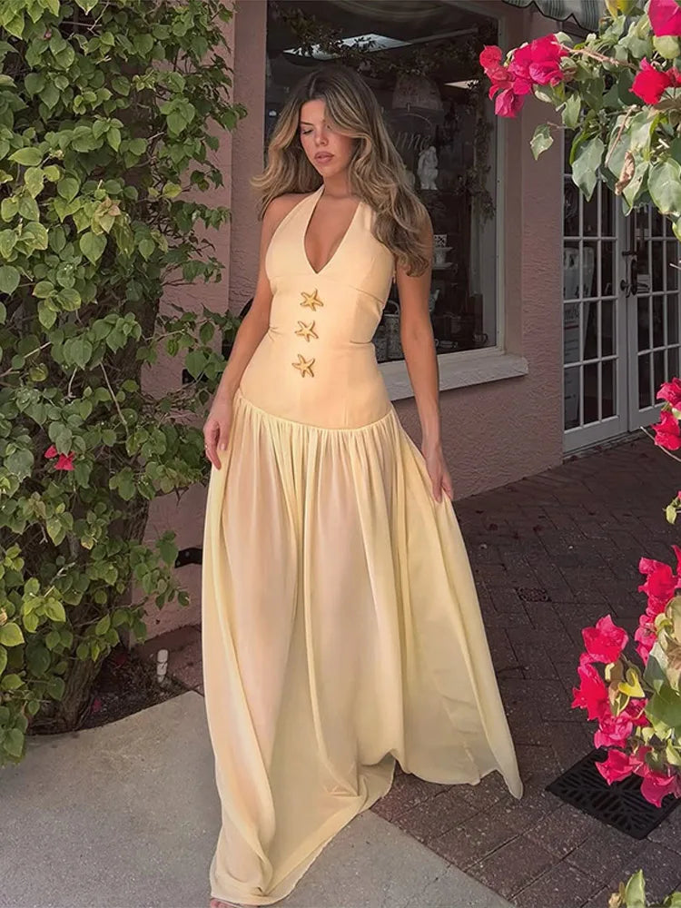 LIZAKOSHT  -  Starfish Halter Back Strap Dress Hanging Neck Waist Cinching Mesh Perspective Women Pleated Beach Long Dresses Slim Fit Robes