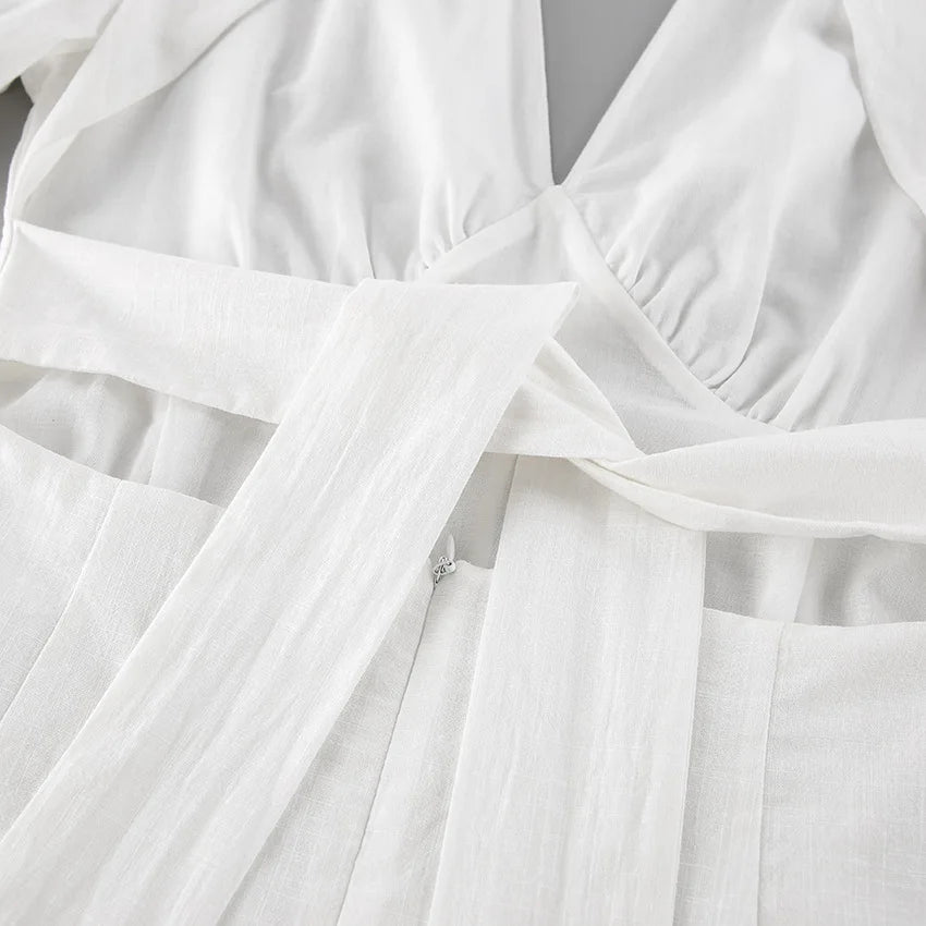 LIZAKOSHT  -  White Backless Summer Dress For Women Short Sleeve Slim V-Neck High Waist Elegant Commute Dress Female Bandage Long Dress