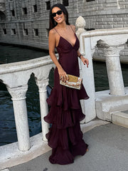 LIZAKOSHT  -  Sexy Solid Ruffles Sling Dress Women Sleeveless Backless Empire V-neck Long Party Dresses Female Spring Chic Lady A-line Robes