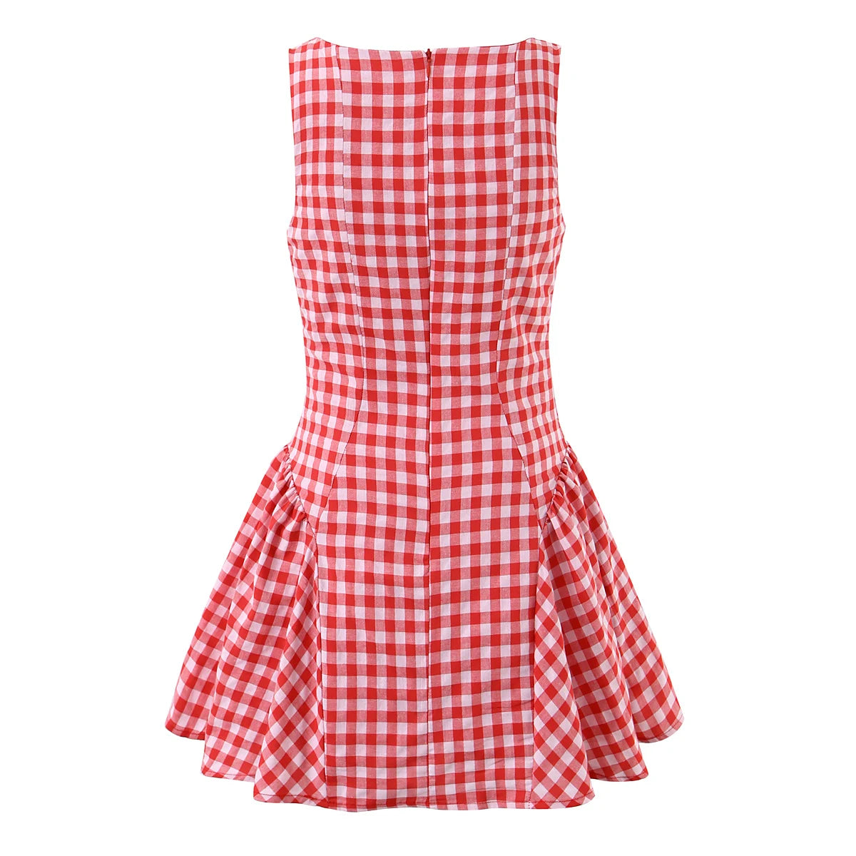 LIZAKOSHT  -  Sexy Red Gingham Plaid Mini Sleeveless Dress Women Bow O Neck Zipper Back Low Waist Ruched Hem Swing Tank Dresses Vestidos Black