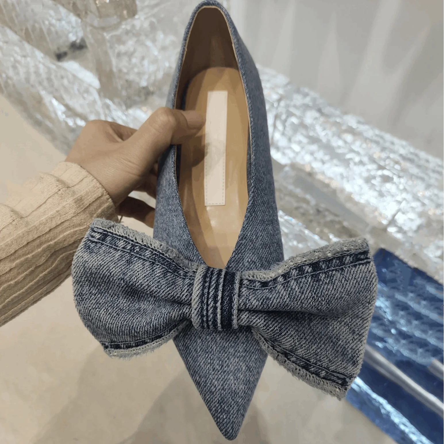 LIZAKOSHT  -  New Blue Square Toe Bowknot Princess Single Shoes Spring and Summer Denim Shallow Mouth Sweet Personality Casual Flat Shoes