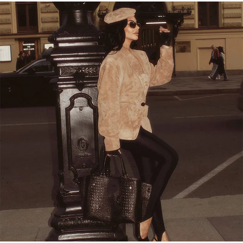 LIZAKOSHT  -  Retro Brown Lace Up Shorts Suede Jacket Elegant Female Lapel Long Sleeves Slim Coats Autumn Chic Lady High Street Outwear