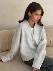 LIZAKOSHT  -  Double-Head Zipper Knitted Sweater Cardigan Solid Color Bomber Jacket Women's Commute Coat Top Minimalism Knitwear Overcoat