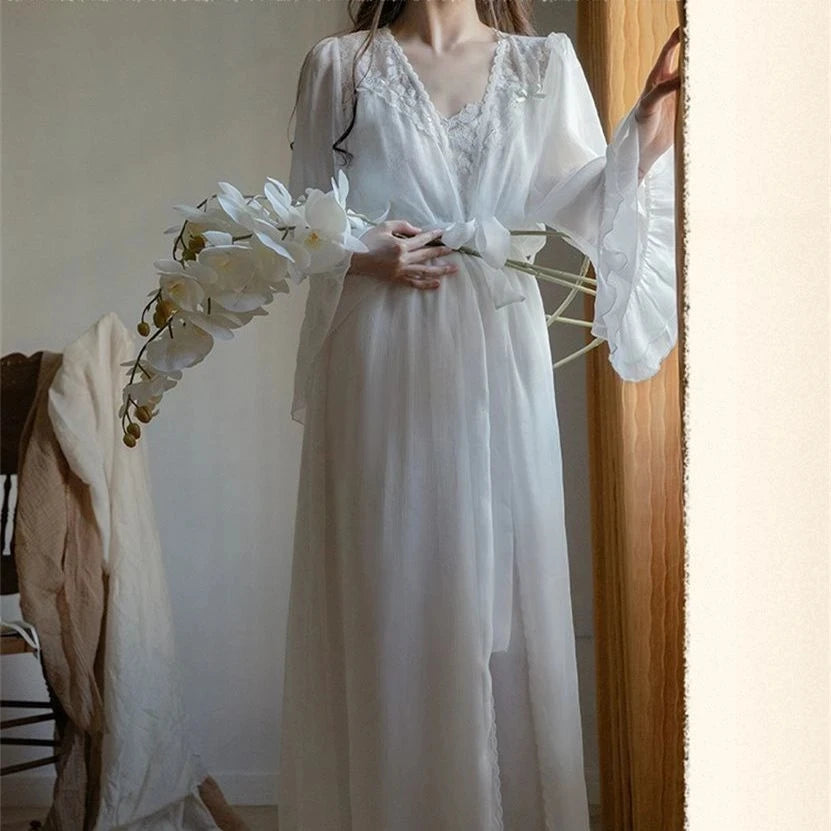 LIZAKOSHT  -  Women's Bathrobe Set Sexy Vintage Summer Mesh Fairy Ladies Nightgown Solid Thin Princess Style Night Dress for Female 2024