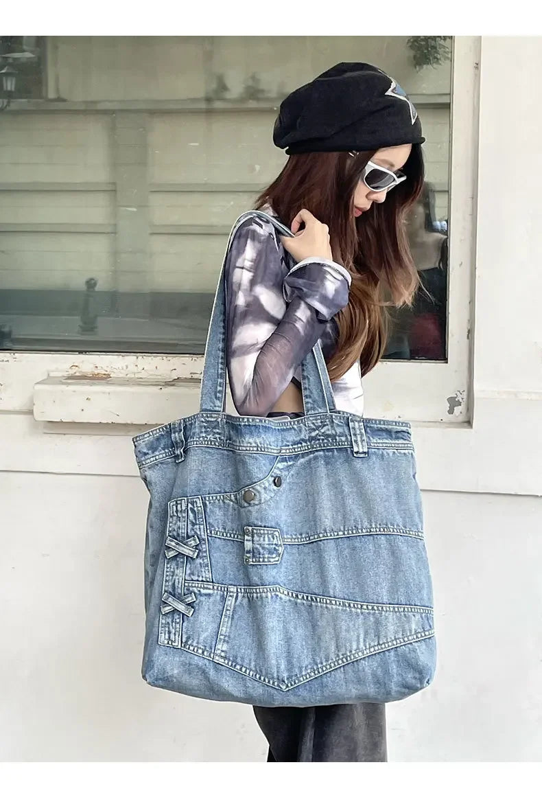 LIZAKOSHT  -  Fashion Washed Denim Women Handbag Large Capacity Casual Commute Big Tote Cowboy Female Shoulder Bags Blue Bolsos