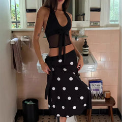 LIZAKOSHT  -  Halter Neck Camisole Polka Dot Skirt Set Women's Summer Sexy Fashionable Personality Neckband Backless Beach Vacation Black Set