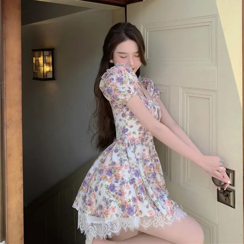 LIZAKOSHT  -  French Vintage Summer Floral Short Sleeve Square Collar One Shoulder Dress Waist Cinched Bubble Sleeve Chiffon Mini Dress