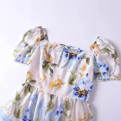 LIZAKOSHT  -  Europe and America 2024 Summer New French Retro Floral Lace Tie Bow Short Sleeve Dress