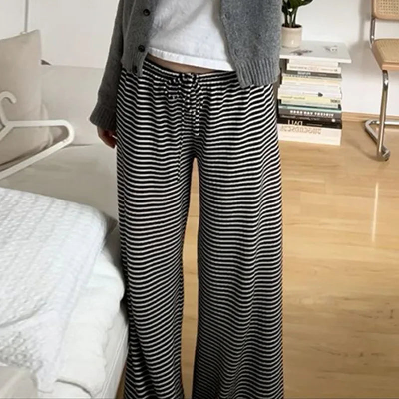 LIZAKOSHT  -  Y2K Women Casual Knit Pants Slim Fit Lazy Style Striped European American Versatile Waist Cinching Trousers