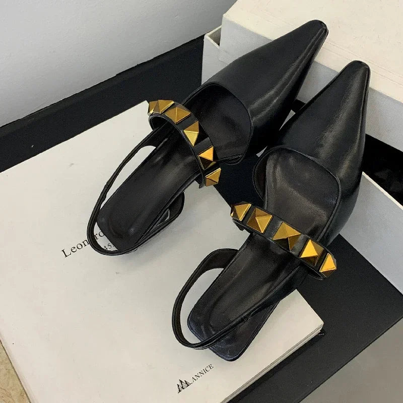LIZAKOSHT  -  Sexy Rivet Slippers Women Low Heel Slingback Sandals Female Summer Pointed Toe Slide Chunky Designer Mules Pumps Sandalias Women