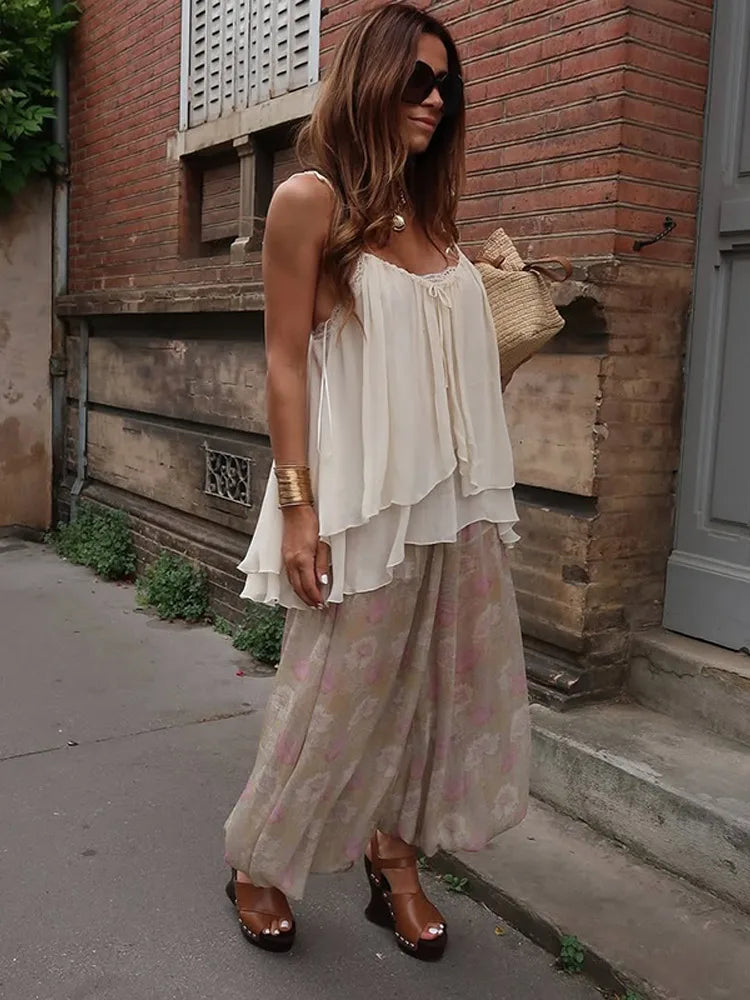 LIZAKOSHT  -  summer Women Loose-fitting Vest Casual Scoop Neck Sweet Spaghetti Strap Chiffon Blouses Ladies Ruffle Hem Flowy Cami Top
