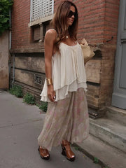LIZAKOSHT  -  summer Women Loose-fitting Vest Casual Scoop Neck Sweet Spaghetti Strap Chiffon Blouses Ladies Ruffle Hem Flowy Cami Top