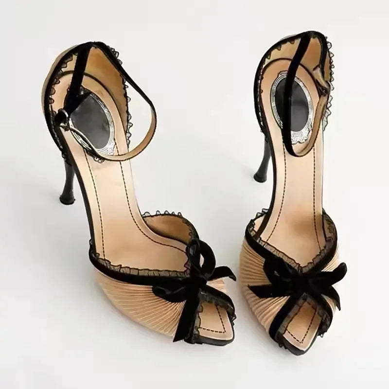LIZAKOSHT  -  Sexy Lace Bowknot High Heels Women Pleated Designer Sandals Female Satin Pointed Toe Pumps Banquet Party Shoes Ladies